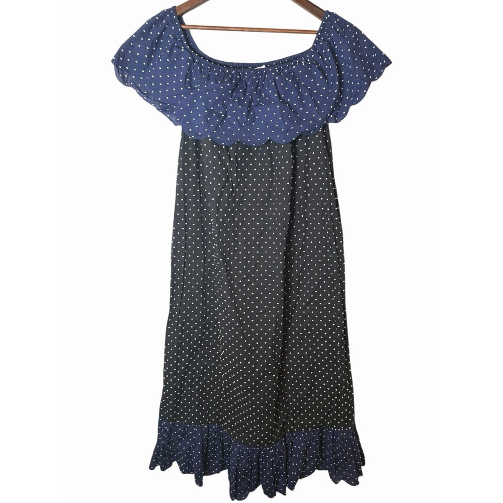 Marysia Resort Dress Black Navy Polka Dot Off The Shoulder Scalloped Small